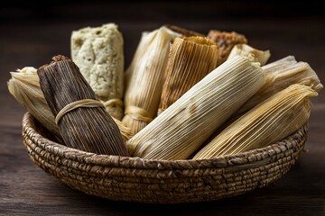 Tamales wrapped in corn husks, steaming, variety of fillings, placed in a rustic woven basket, festive and homemade