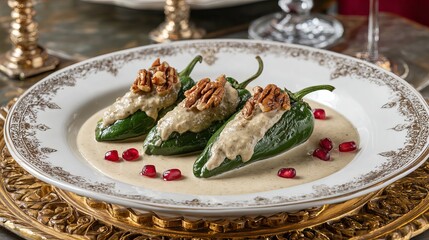 Chiles en nogada, stuffed poblano peppers, creamy walnut sauce, pomegranate seeds, traditional Mexican dish, elegant plating, baroque background