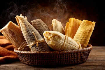 Tamales wrapped in corn husks, steaming, variety of fillings, placed in a rustic woven basket, festive and homemade
