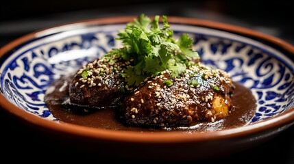 Mole poblano, chicken in dark chocolate chili sauce, sesame seed garnish, traditional Mexican plate ware, moody lighting