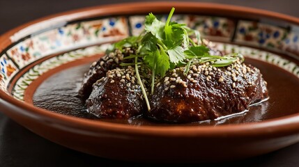 Mole poblano, chicken in dark chocolate chili sauce, sesame seed garnish, traditional Mexican plate ware, moody lighting