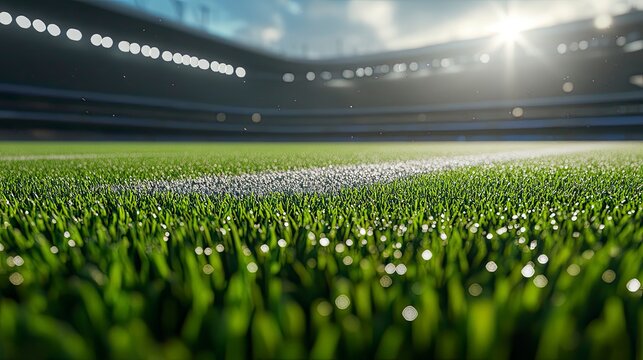 Close-up view of a vibrant, wet soccer field inside a stadium under a bright sun