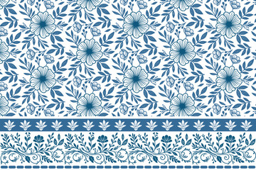 blue floral one-line style home.trendy seamless white background hand drawn.modern floral pattern texture fashion.minimalism pillow cover sketch floral.border embroidery simple petal leaves

