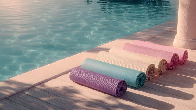 Colorful yoga mats are lined up poolside, inviting a moment of peace and practice.