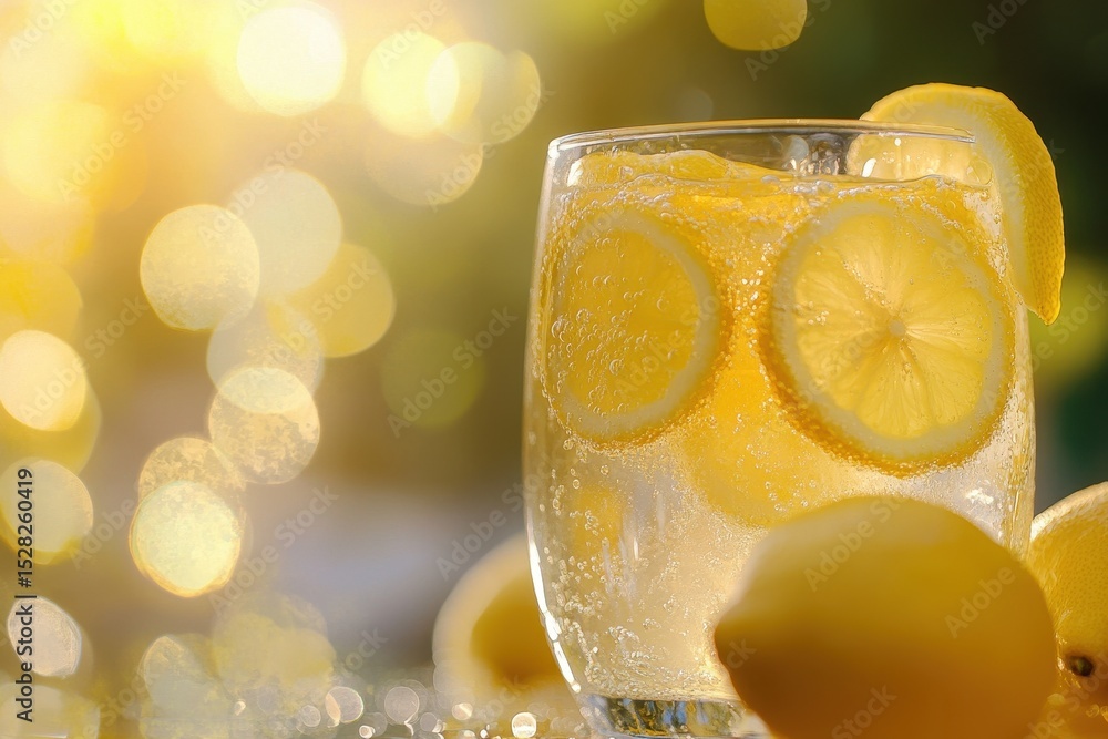 Poster refreshing summer lemonade with lemon slices in a glass against a bokeh background, refreshing lemon