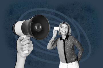 Composite trendy magazine photo collage of happy girl guy stand hand hold megaphone disinformation...