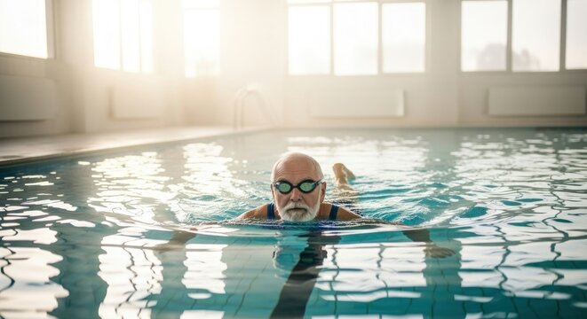An elderly man wearing goggles swimming in an indoor pool with sunlight streaming through the windows