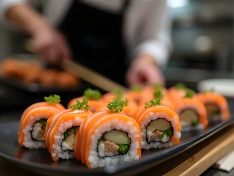 Japanese sushi rolls with salmon served
