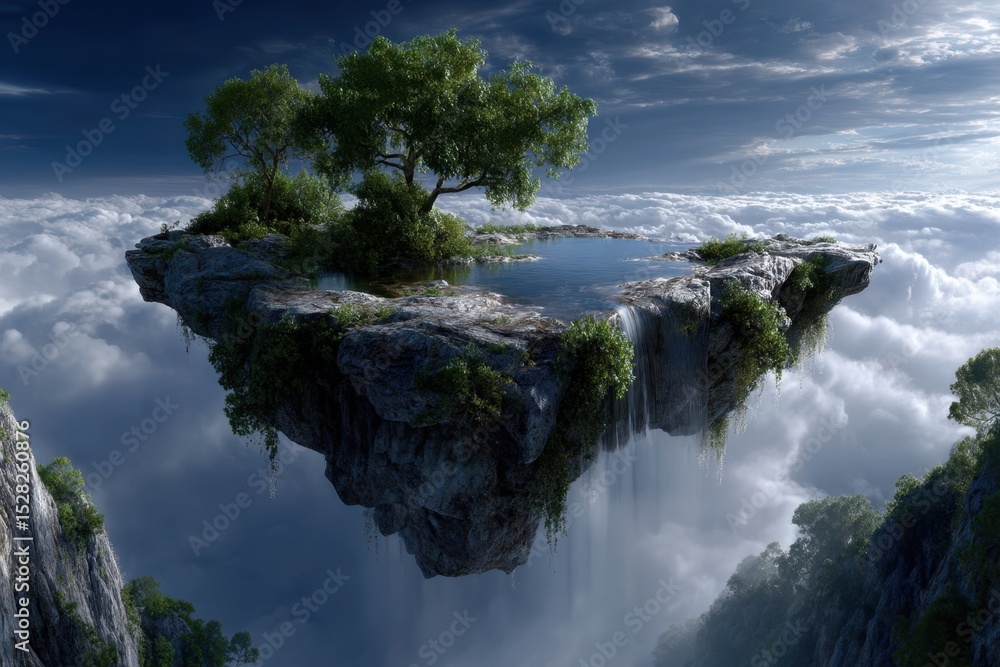 Poster floating island with trees and waterfall above clouds during twilight hours