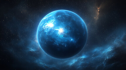Fototapeta premium Glowing Blue Exoplanet in Deep Space Nebula