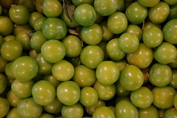 Close-up of fresh green plums piled together. Perfect for themes of organic produce, natural health, seasonal fruits, and farm-to-table concepts. Crisp, juicy, and vibrant in texture and color.