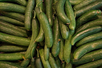 Fresh green cucumbers stacked in a vibrant display at a market or grocery store. Perfect for food, agriculture, healthy eating, or farming themes with natural texture and organic freshness.