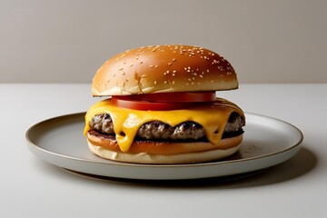 A tempting image of a classic cheeseburger with melted cheese, lettuce, tomato, and a toasted bun, served on a plain plate with a neutral background and soft, even lighting.