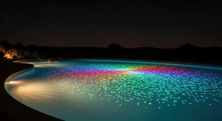 Illuminated swimming pool at night with vibrant rainbow colored lights reflecting on the water surface