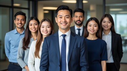 Confident business team portrait showcasing diverse professionals, smiling and united, projecting success and collaboration in a modern office setting.