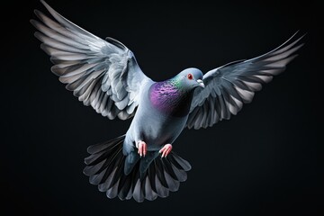 Pigeon soaring gracefully in ultra slow motion against a dark backdrop, Pigeon flying on black background, Ultra Slow Motion