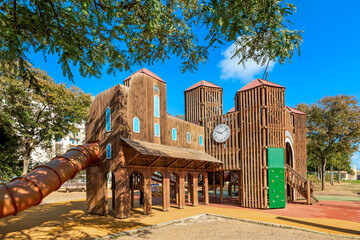 A castle shaped wooden playground in Palma de Mallorca, Spain.