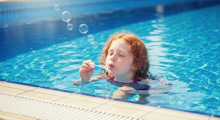 A red haired girl blowing bubbles in a swimming pool on a sunny day with clear blue water around her
