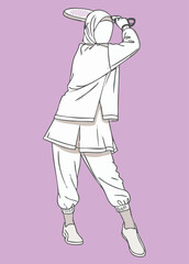 Vector illustration of an athlete with a hijab in a dynamic padel pose. This simple, stylish drawing is isolated on a purple background, ideal for sports, fitness, and diversity themes.