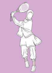 Line art illustration of a woman in a hijab holding a padel racquet, shown in a ready stance. This character embodies focus and athletic preparation. Minimalist and isolated style.