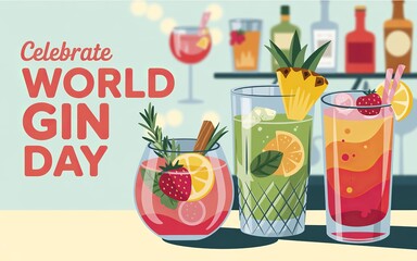 World Gin Day, Illustrated gin cocktails with citrus, herbs, and tropical fruits.
