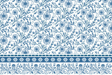 minimal sketch floral hand drawn.border embroidery leaves wallpaper modern.trendy one line floral seamless.pillow cover fashion textile design.blue floral white background elegant

