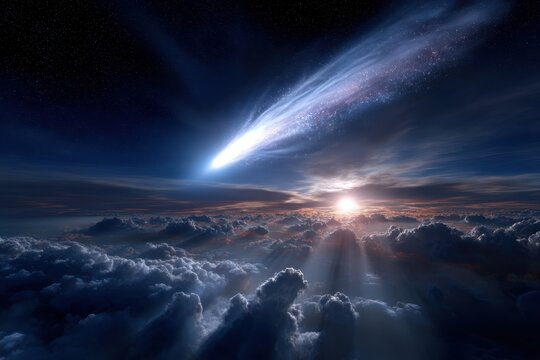 Comet streaks across the sky above clouds at twilight during an awe-inspiring celestial event