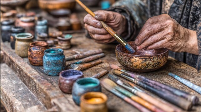 Vietnamese artisan meticulously paints lacquerware bowl with gold leaf details in traditional workshop
