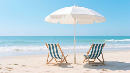 Two striped beach chairs await under a white umbrella on a sunny shore