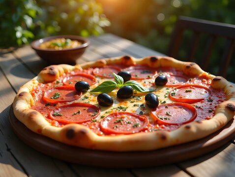 Delicious pepperoni pizza topped with olives and herbs served on a rustic wooden table in a warm, sunny environment