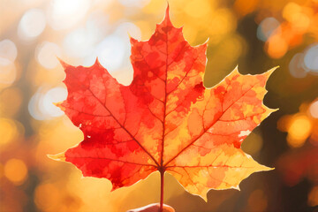 A fiery red and orange maple leaf glows against a blurred autumnal background
