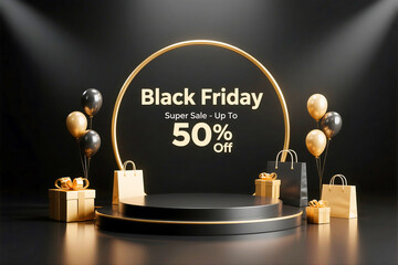 Black Friday super sale gold and black gifts and balloons surround a 50% off display