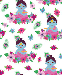 children's interesting seamless pattern flowers peacock small feathers krishna on white background janmashtami celebration festival wallpaper for textile