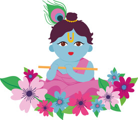 baby krishna with peacock feather and colorful flowers janmashtami hindu festival vector isolated illustration