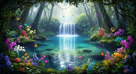 A vibrant waterfall scene with colorful flowers and butterflies in a lush forest setting artwork