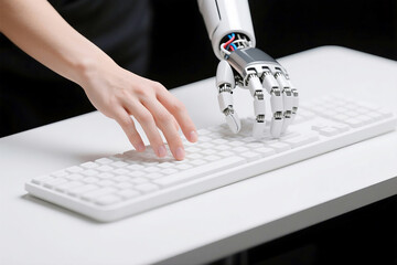 A human hand and a robotic hand collaborate, typing on a white keyboard isolated on white background