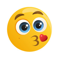 Fototapeta premium Emoji happy with kiss marks on his cheeks. Emotion 3d cartoon icon. Yellow round emoticon. Vector illustration