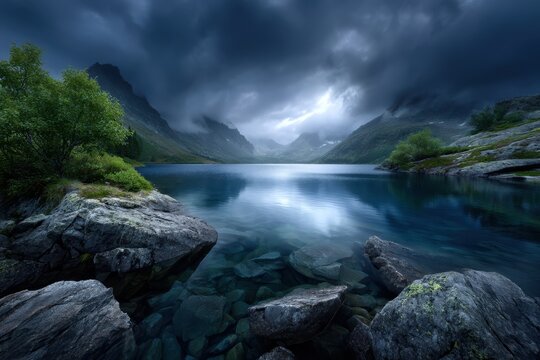 Serene glacial lake surrounded by moody mountains at dawn with dramatic skies