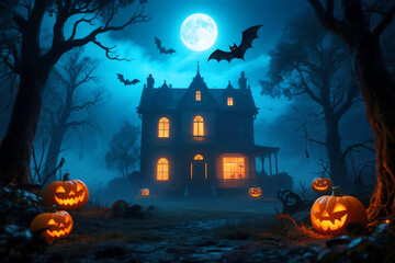 Glowing Jacko lanterns illuminate a spooky Victorian mansion under a full moon, bats flitting through the night sky