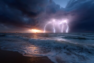 Lightning strikes illuminate stormy ocean at dusk near coastal city