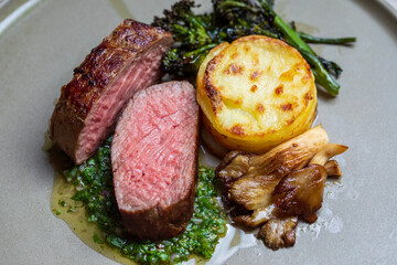 Fillet steak with potato stack, oyster mushrooms and chimichurri sauce