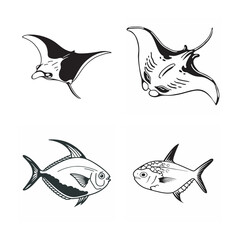 line art of marine fish on the white background
