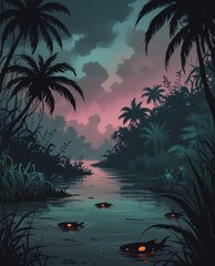 Silent Stream of Lights: Ethereal Tropical River Shrouded in Mist, Dotted with Glowing Aquatic Lifeforms