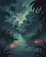 The Glow Beneath: Mysterious Neon Fish Swimming in a Dark Tropical Rainforest River Before Nightfall