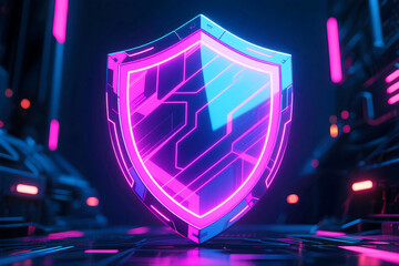 A vibrant neon pink and blue digital shield glows in a futuristic cityscape