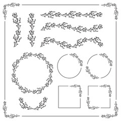 Elegant floral frames with hand drawn silhouettes of branches and leaves. Vector flower wreaths for labels, corporate identity, wedding invitation, logo, certificate, sticker