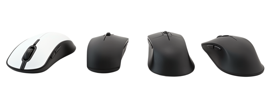 A set of four different views of a wireless mouse.