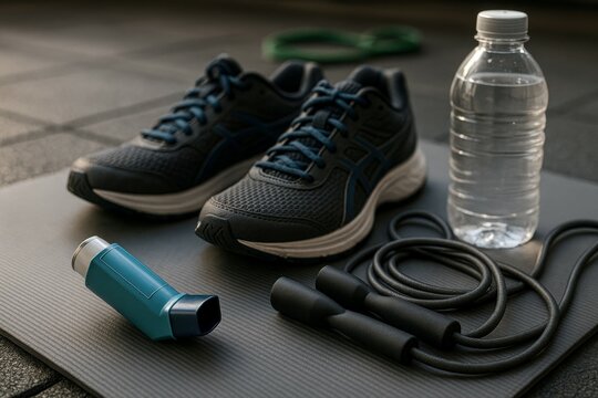 Set of fitness essentials including asthma inhaler, running shoes, jump rope, and water bottle arranged on a yoga mat in a modern gym environment