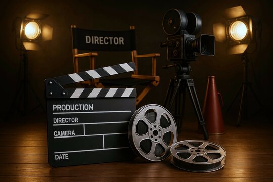 Classic film production set with director's chair, vintage camera, clapperboard, and movie reels