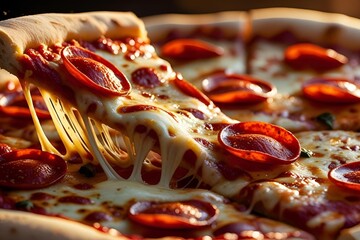 Hot pepperoni pizza slice with melted cheese